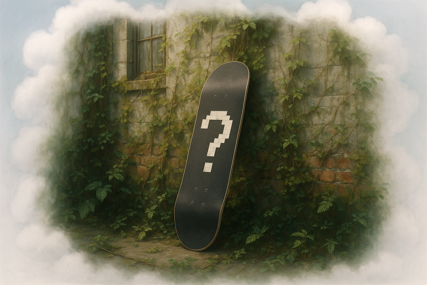 the wall is in an old factory grown with plants. the skateboard should look ultra-realistic and it should be framed in a dream cloud
